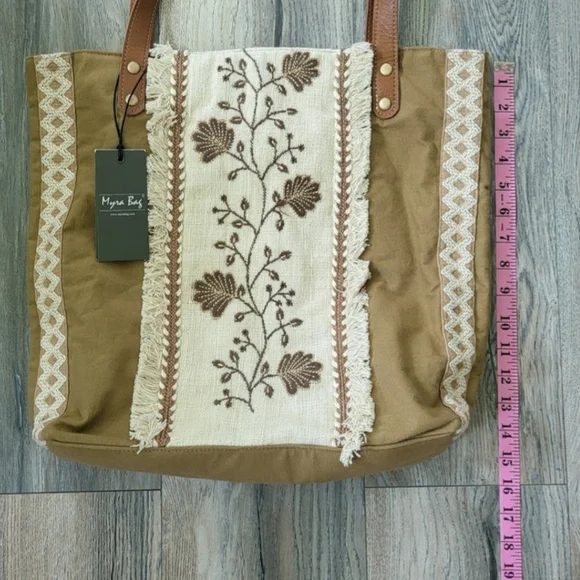 Myra Bag Jamee Jane Brown & Tan Embroidered Tote Shoulder Purse New With Tags - Picture 7 of 11